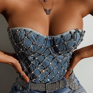 MISS LOLA Baddie Drip Denim Rhinestone Corset Top